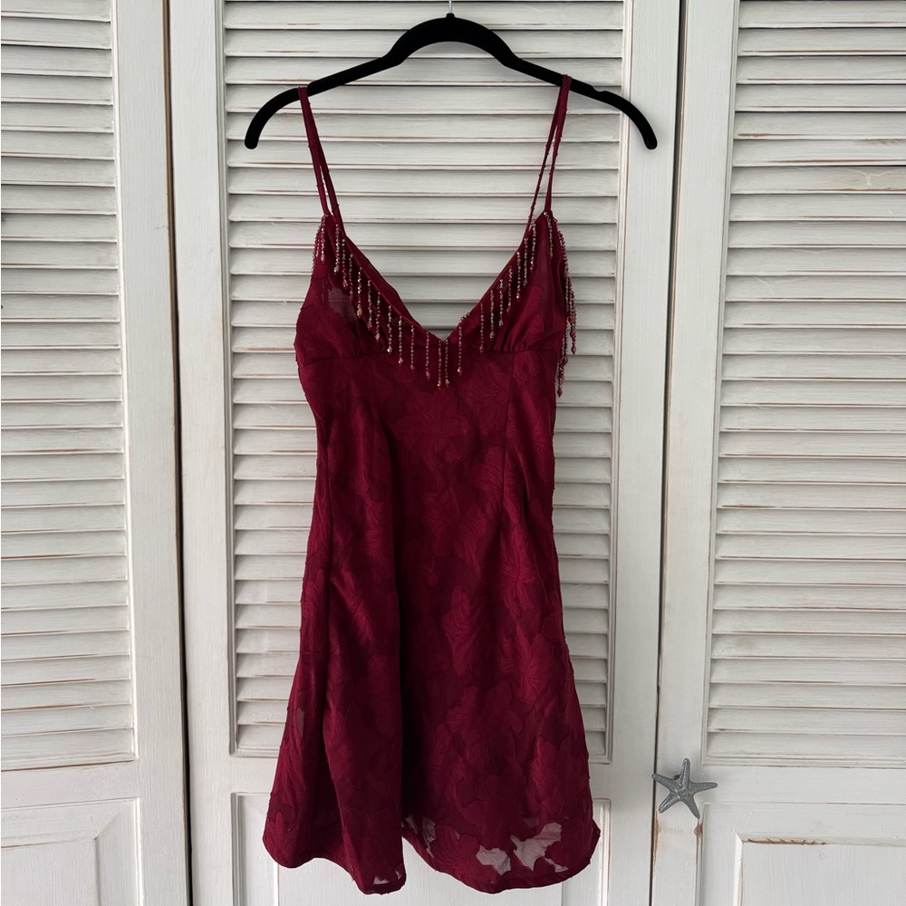 Princess Polly Burgundy Mini Dress with Beaded Fringe